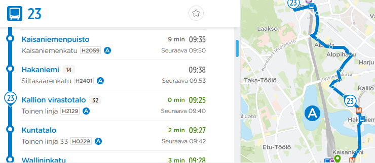 HSL Route planner showing realtime location of a vehicle along the stop list (1D, left) and on a map (2D, right).
