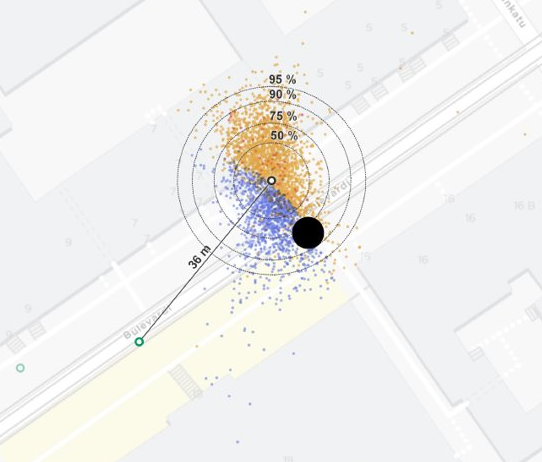 Example of mismatch between modelled and actual stopping locations in Fredrikinkatu, Helsinki.